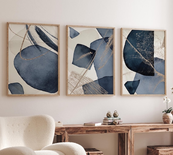 Navy Abstract Wall Art Set – Blue Gold Geometric Prints, Modern Minimalist Watercolor Art, Living Room Bedroom Office Decor, Triptych Prints