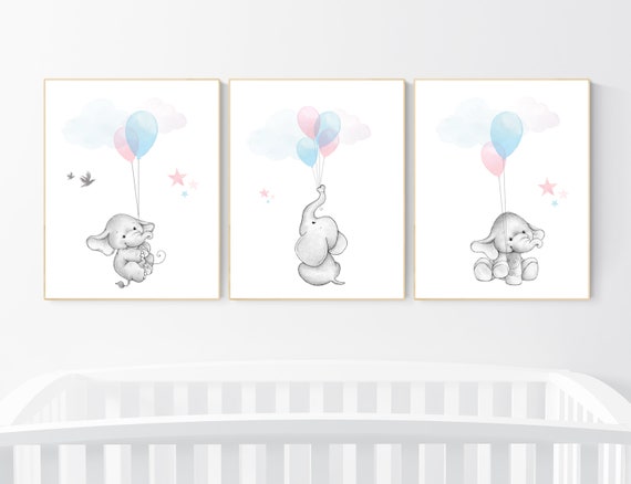 Nursery decor elephant, twin nursery, gender neutral nursery decor, pink blue, nursery wall art animals, elephant balloon, twins nursery