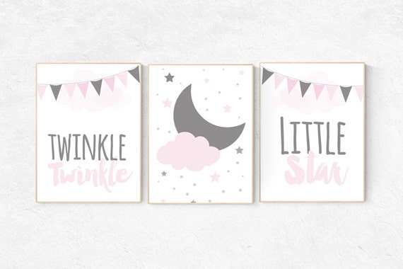 Baby girl nursery, Twinkle Twinkle Little Star, baby girl nursery ideas, moon nursery art, pink nursery, girls room wall art, baby room