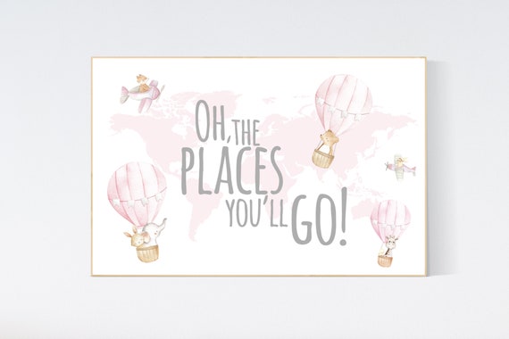 Pink nursery, hot air balloon nursery, Nursery baby girl room, nursery wall art map, nursery decor girl map print, girl room decor