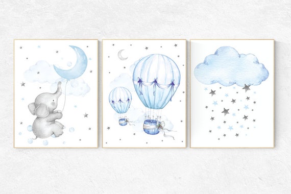 nursery wall art elephant, Nursery decor boy hot air balloon, elephant balloon, baby room decor, blue and gray nursery, nursery prints