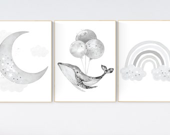 Gravuras de arte para berçário de baleias cinzentas: lua, estrelas, arco-íris