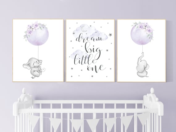 Nursery decor girl purple, elephant nursery, lavender and gray, lilac, elephant balloons, butterflies, purple nursery, girl nursery ideas