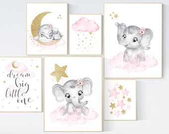 Nursery decor girl elephant, pink gold, elephant nursery wall art, girl nursery ideas, pink and gold, dream big little one, floral nursery