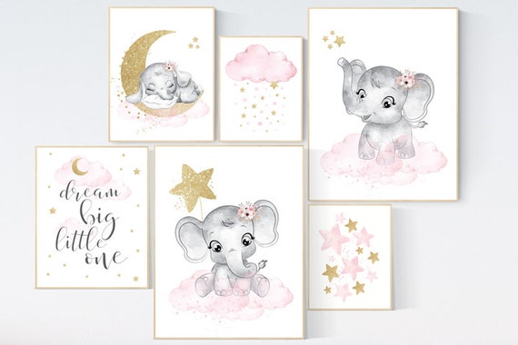 Nursery decor girl elephant, pink gold, elephant nursery wall art, girl nursery ideas, pink and gold, dream big little one, floral nursery