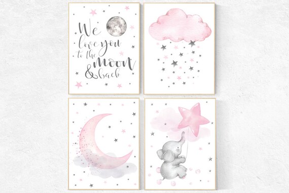 Nursery decor girl elephant, nursery prints, Nursery wall art girl, we love you to the moon and back, pink nursery wall art, cloud and star