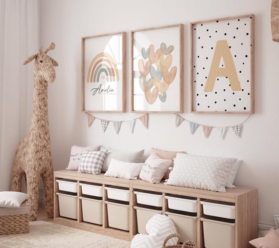 Custom rainbow nursery prints, Boho personalized wall art for kids, Earth-tone nursery decor, heart print, monogram set, Neutral rainbow