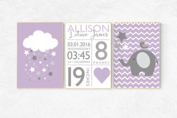 Nursery decor girl purple, baby birth stats, Purple nursery decor, baby girl nursery wall art, nursery decor elephant, lilac, lavender