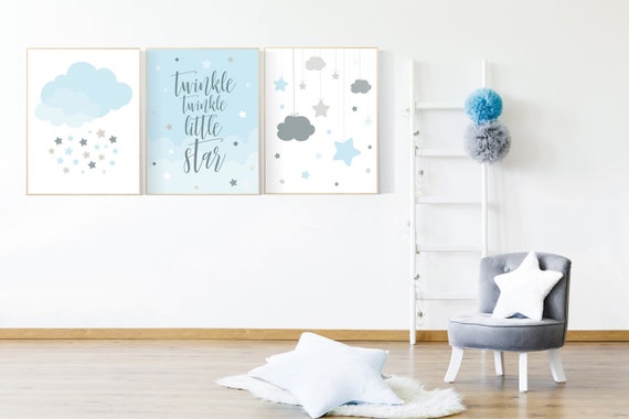 Twinkle Twinkle Little Star, moon nursery art, Baby boy nursery decor, Blue gray nursery, boys room wall art, baby room prints, set of 3