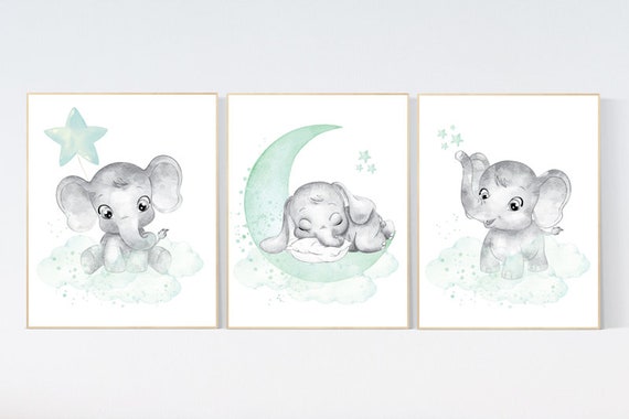 Elephant nursery art, elephant nursery print, mint nursery decor, baby room wall art, gender neutral, aqua, moon stars, elegant, mint green