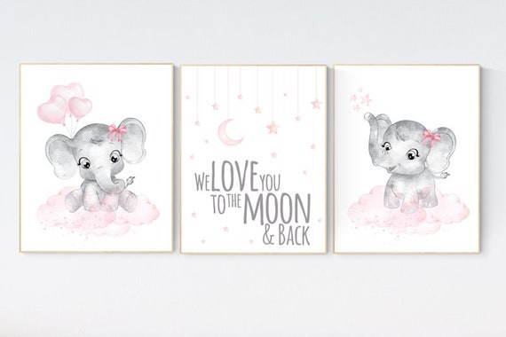 Baby room decor elephant, Nursery decor girl pink and gray, nursery decor girl pink, nursery wall art girl, we love you to the moon and back