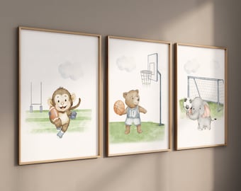 Dekoracja pokoju dziecięcego z motywem zwierzątek sportowych: baseball, piłka nożna, koszykówka