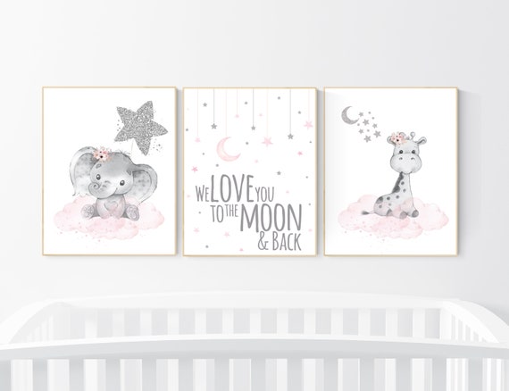 Animal nursery, nursery decor girl pink silver, nursery decor girl woodland animals, teddy bear, elephant, giraffe, baby girl nursery prints