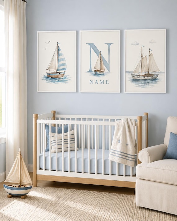 Personalized Nautical Nursery Wall Art Set of 3, Sailboat Name and Initial Prints