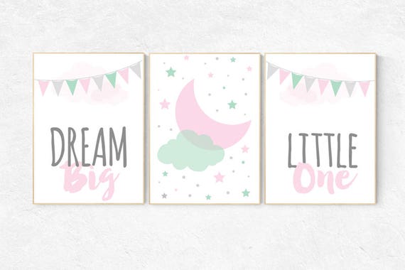 Pink mint nursery decor, dream Big little one, mint and pink nursery decor, playroom nursery room, nursery decor girl girls room coral mint