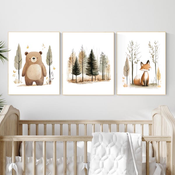 Aquarel bos kinderkamerafdrukken: beer, vos, bos kunstset