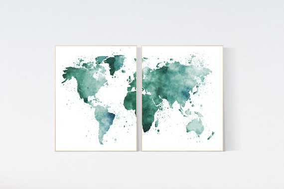 World map nursery,  green world map, world map wall art nursery, nursery wall art world map