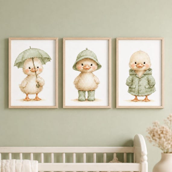 Sage Green Duckling Prints, Rainy Day Nursery Art Set