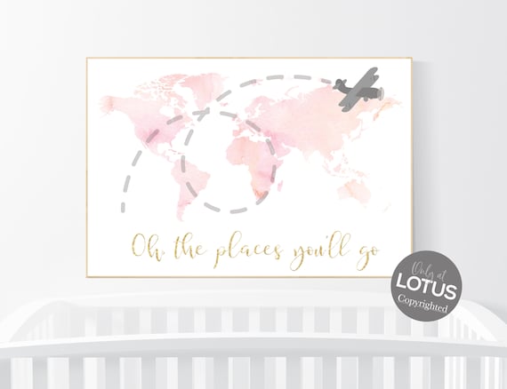 Blush pink watercolor world map, Nursery baby girl room, nursery wall art map, blush nursery, nursery decor girl map print, girl room decor