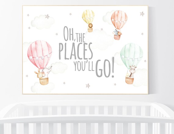 Hot air balloon nursery, gender neutral, safari animals, animal prints for nursery, twin nursery, unisex, oh the places you'll go, balloons