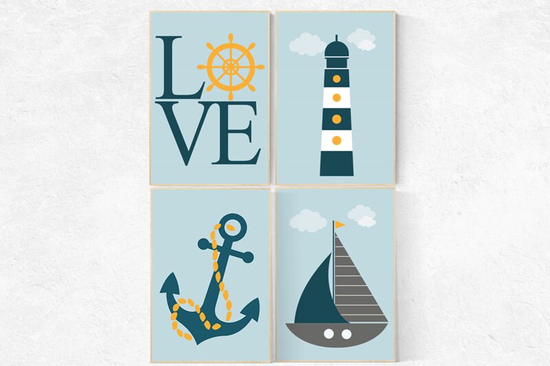 Nursery decor boy nautical, nautical nursery, navy blue yellow, nautical wall decor nursery