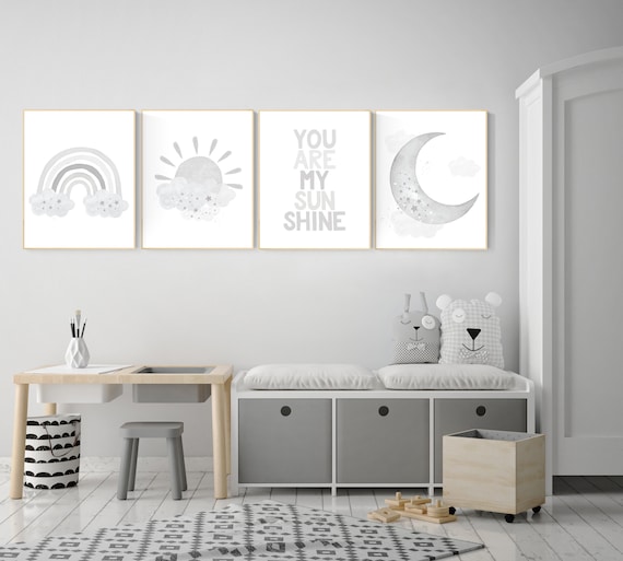 Nursery decor gender neutral, grey nursery, rainbow Nursery prints, nursery wall art neutral, gray nursery, moon star, cloud, nursery art