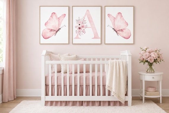 Butterfly Nursery Art Prints: Pink Floral Initial, Set of 3