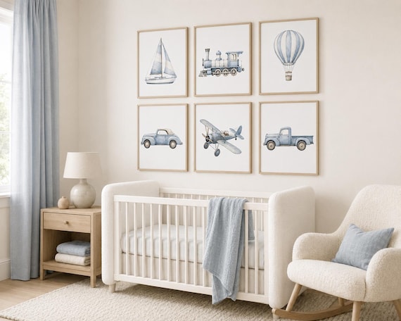 Vehicle Art Prints Set of 6, Transportation Nursery Wall Art