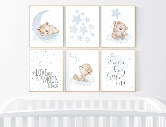 Nursery decor boy bear, grey blue, boys nursery prints, nursery decor boy ideas, blue beige, baby blue, dream big little one, set of 6