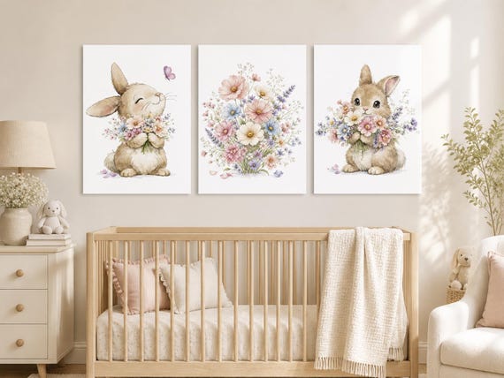 Bunny Floral Watercolor Nursery Print: Girl's Room Wall Art