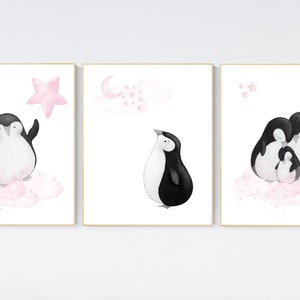 May include: Three watercolor illustrations of penguins on a pink cloud background. The first penguin is holding a pink star. The second penguin is looking up at a pink cloud with a crescent moon and stars. The third penguin is huddled with two other penguins.
