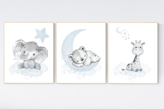 Nursery wall art animals, baby room decor blue gray, baby room decor bear, elephant, giraffe, animal nursery decor, nursery prints