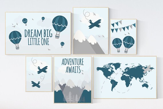 Adventure nursery decor, Nursery decor boy mountains adventure, nursery decor boy airplane, world map nursery, adventure awaits, navy blue