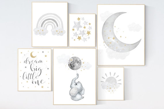 Gender neutral nursery, gold nursery, elephant, moon, rainbow, cloud, sun, stars, black and white, gray nursery, grey nursery, nursery art