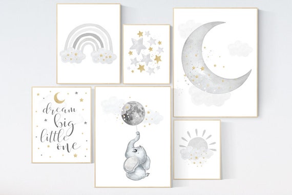 Gender neutral nursery, gold nursery, elephant, moon, rainbow, cloud, sun, stars, black and white, gray nursery, grey nursery, nursery art