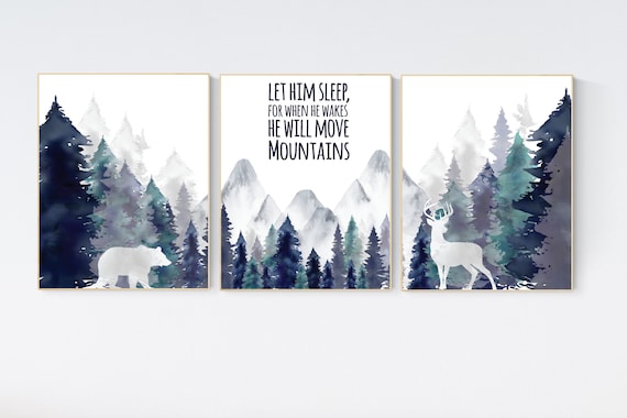 Nursery decor woodland, mountain wall art, tree nursery decor, adventure theme nursery, forest, navy and teal, woodland animals