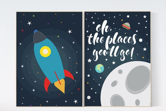 Space nursery decor, space nursery wall art, outer space nursery, oh the places you'll go, rocket nursery, boys room decor, nursery prints