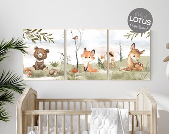 Woodland Animal Nursery Prints: Fox, Deer, Bear