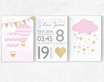 Pink and gold nursery decor, Birth stats wall art, hot air balloon nursery, set of 3, nursery prints, person, pink and gold nursery