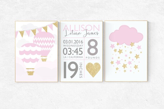 Pink and gold nursery decor, Birth stats wall art, hot air balloon nursery, set of 3, nursery prints, person, pink and gold nursery