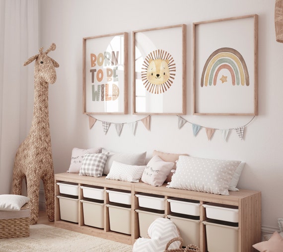 Boho nursery, Lion nursery, born to be wild, Safari nursery, Rainbow prints, Jungle animal, gender neutral, earth colors, Kids room, toddler