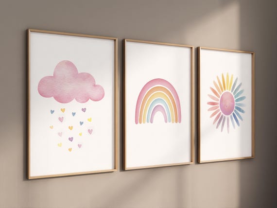 Pink Cloud Rainbow Sun Nursery Wall Art Set, Pastel Baby Girl Room