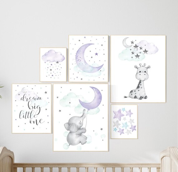 Elephant, giraffe, nurser decor girl, Purple teal nursery wall art, Nursery decor girl purple, lilac nursery print, lavender, lilac mint