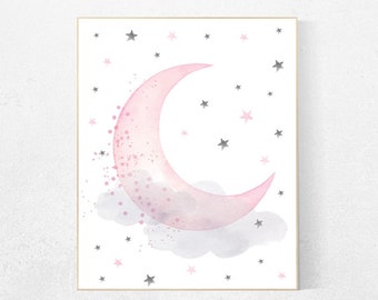 Pink Moon and Stars Nursery Print: Baby Girl Decor