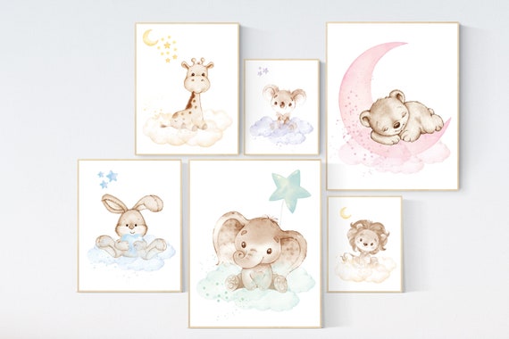 Nursery decor gender neutral, Nursery wall art animals, pastel colors, neutral, bunny, bear, elephant, giraffe, quote nursery wall decor
