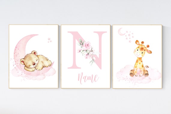 Nursery decor floral jungle, nursery decor animals, Nursery wall art elephant, giraffe, pink, blue, nursery wall decor, animal prints