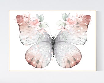 Blush Pink Butterfly Nursery Art Print: Girls Room Decor