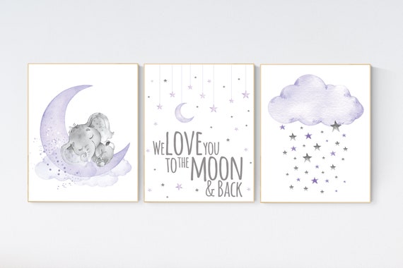 Nursery wall art elephant, Nursery prints girl, purple nursery, lavender, lilac nursery, moon and stars, girl baby room art, nursery set