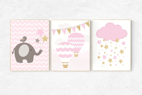 Pink gold nursery, elephant nursery, pink and gold baby shower, hot air balloon nursery, girls nursery room, nursery wall art, set of 3