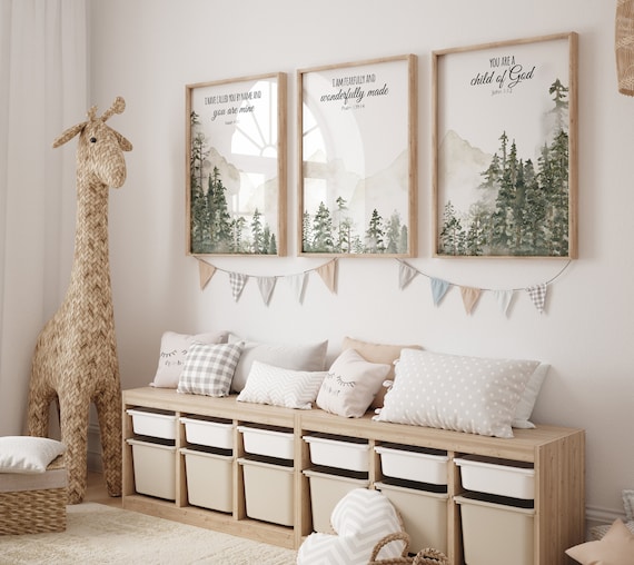 Mountain Nursery Art Print: Sage Green Forest, Bible Verse Decor